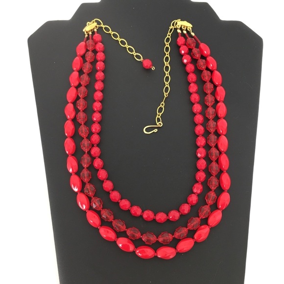 Vintage 3 Strand Red Glass Beaded Necklace Mid Century Estate Costume Jewelry - Picture 6 of 11